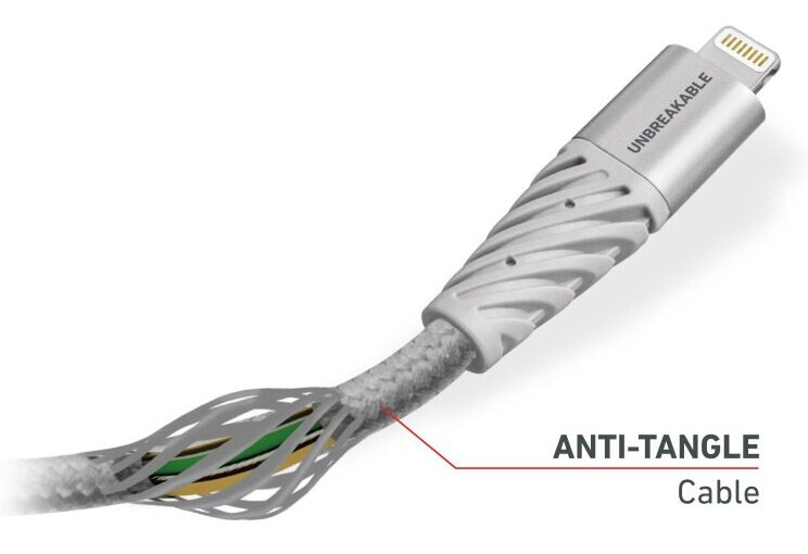 Biały kabel Lightning z konstrukcją zapobiegającą plątaniu się i etykietą.