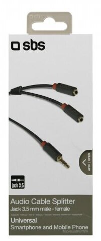 Rozdzielacz kabla audio w opakowaniu. Jest to gniazdo 3,5 mm męskie na żeńskie.