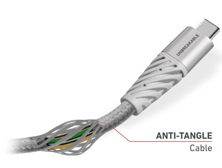 Kabel USB-C, biały z szarym tkanym wzorem i etykietą 'ANTI-TANGLE'.