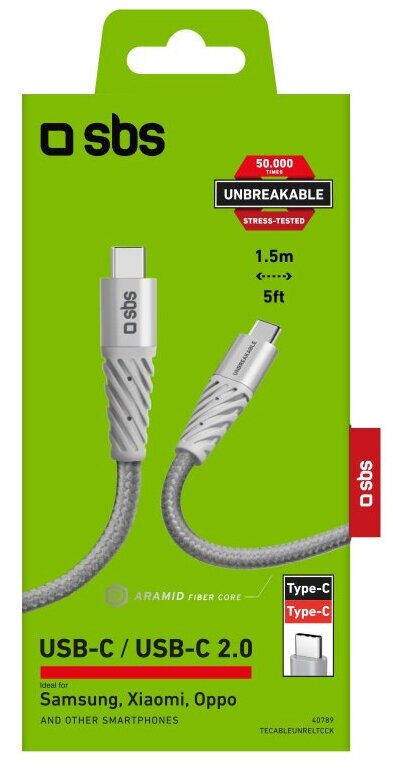 Kabel USB-C w opakowaniu. Kabel jest szary, pudełko zielone.