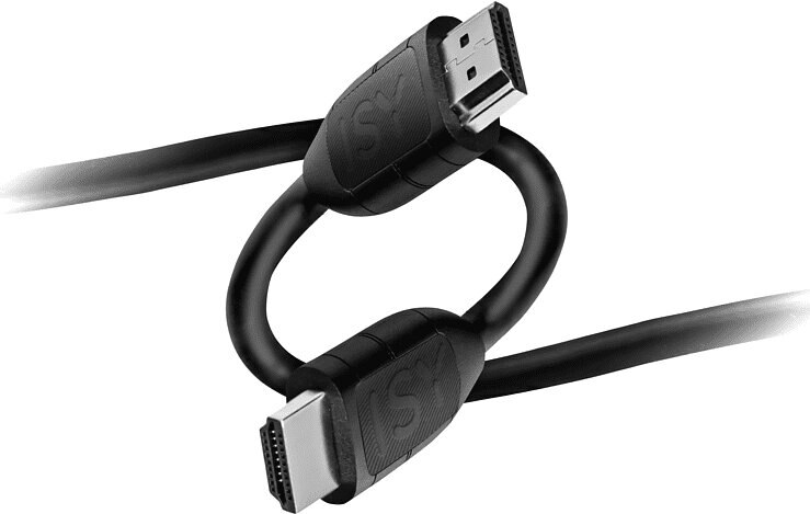 Niebieski kabel podłączony do tyłu czarnego monitora.