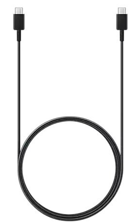 Czarny kabel USB-C ze złączami na obu końcach.