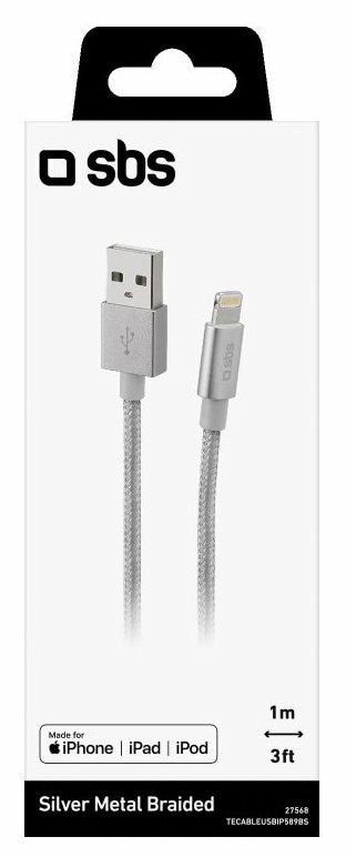 Srebrny pleciony kabel USB do Lightning w opakowaniu, z 'sbs' i 'Made for iPhone'.