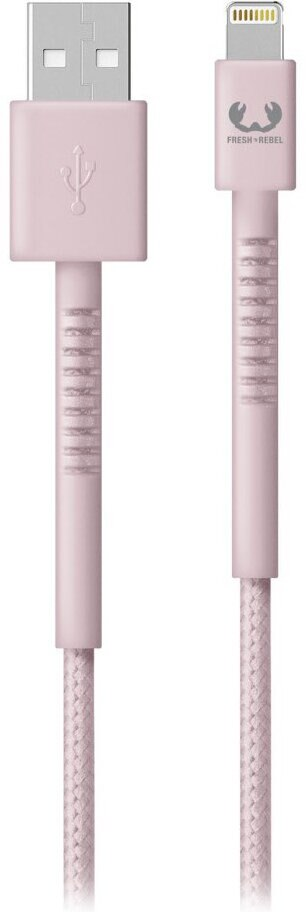 Różowy kabel USB do Lightning z białym plecionym wzorem i różowym złączem.