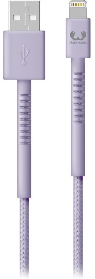 Fioletowy kabel USB do Lightning na białym tle. Końcówka USB jest srebrna.