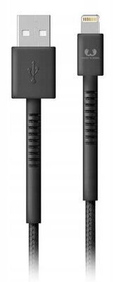 Czarny kabel USB do Lightning. Widoczne końcówki USB i Lightning.