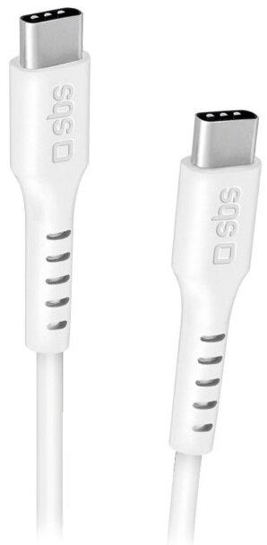 Dwa białe kable USB-C z logo 'sbs' na białym tle.