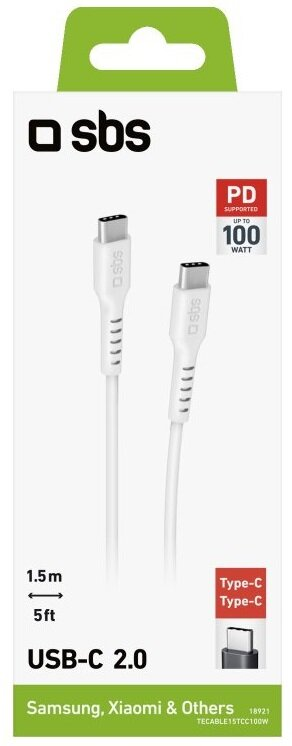 Biały kabel USB-C z zielono-białym opakowaniem i tekstem.