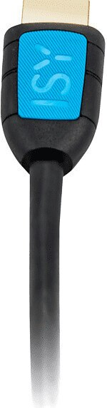 Czarna końcówka kabla HDMI z niebieskim logo 'iS' i czarnym kablem, białe tło.