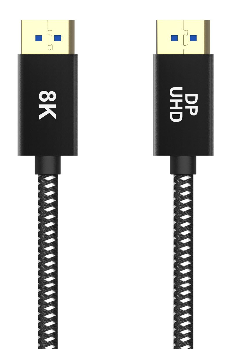 Dwa czarne kable HDMI 8K ze złotymi złączami. Jeden ma '8K', drugi 'DP UHD'.