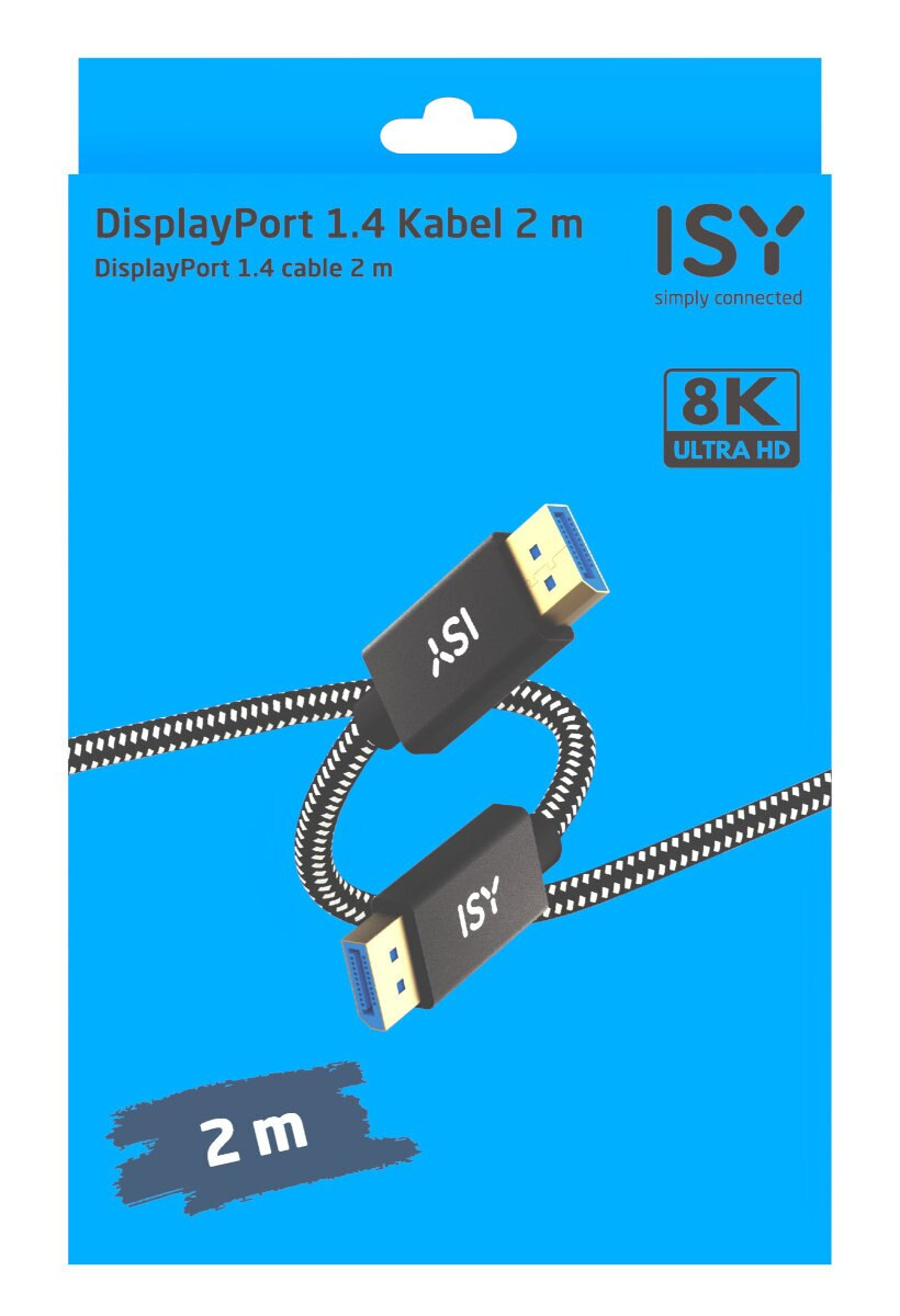 Niebieskie pudełko kablowe z kablem DisplayPort; kabel jest czarno-biały.