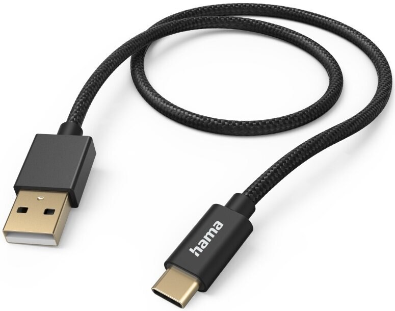 Czarny kabel USB do USB-C, zwinięty. Kabel ma czarny korpus.
