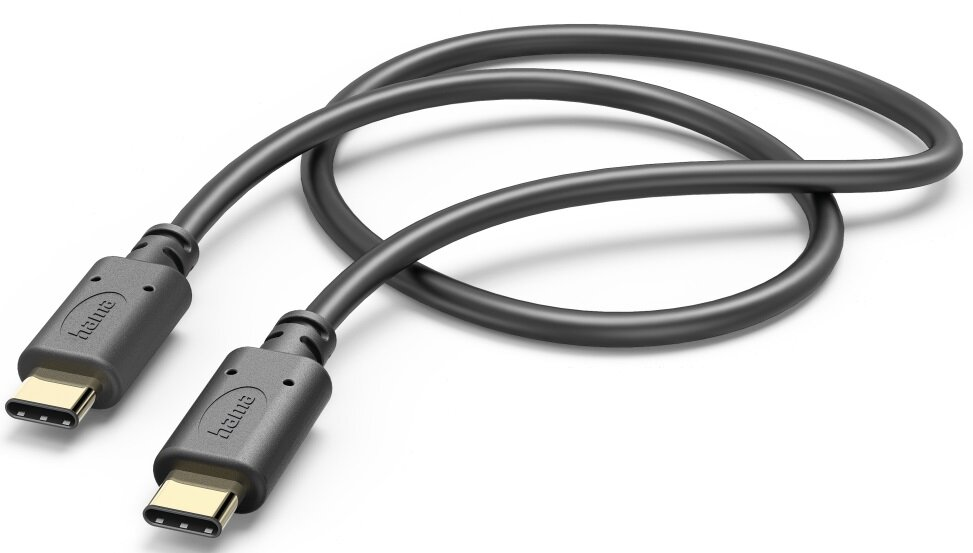 Czarny kabel USB-C do USB-C, zwinięty. Złącza są na każdym końcu.