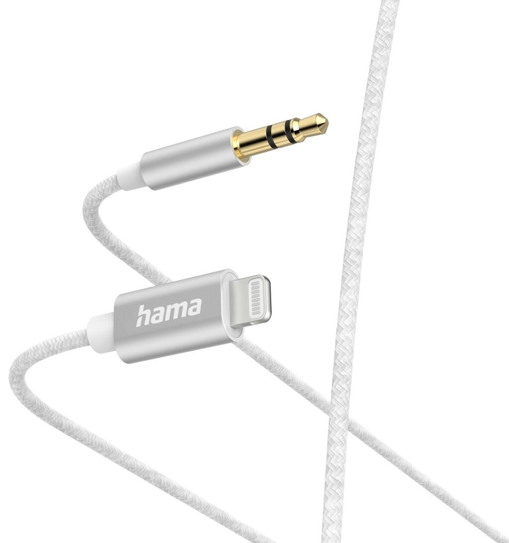 Biały i srebrny kabel Hama z wtykami Lightning i 3,5 mm na białym tle.
