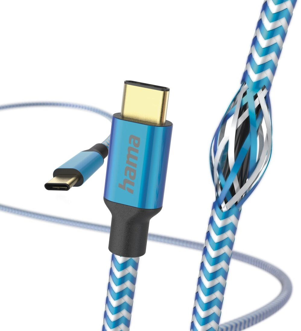 Niebieski kabel USB do USB-C z niebiesko-białym plecionym wzorem i marką 'hama'.