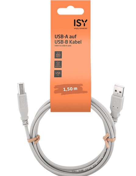 Kabel USB-A do USB-B, biały, z pomarańczową etykietą. Kabel jest zwinięty i spięty dwoma brązowymi opaskami.