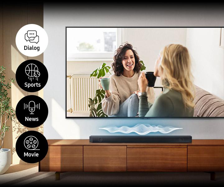 Ein Fernsehbildschirm mit zwei Frauen, die sich unterhalten, mit Soundbar darunter und Symbolen für Dialog, Sport, Nachrichten, Film.