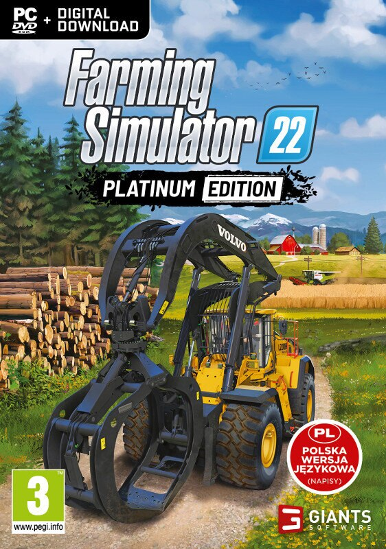 Okładka gry Farming Simulator 22. Traktor z chwytakiem do drewna, pola i drzewa.