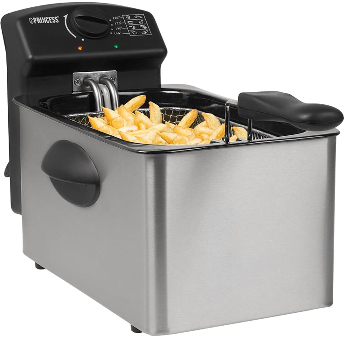 Egy acél fritőz egy kosár sült krumplival. A fritőz fekete vezérlőpanellel rendelkezik.