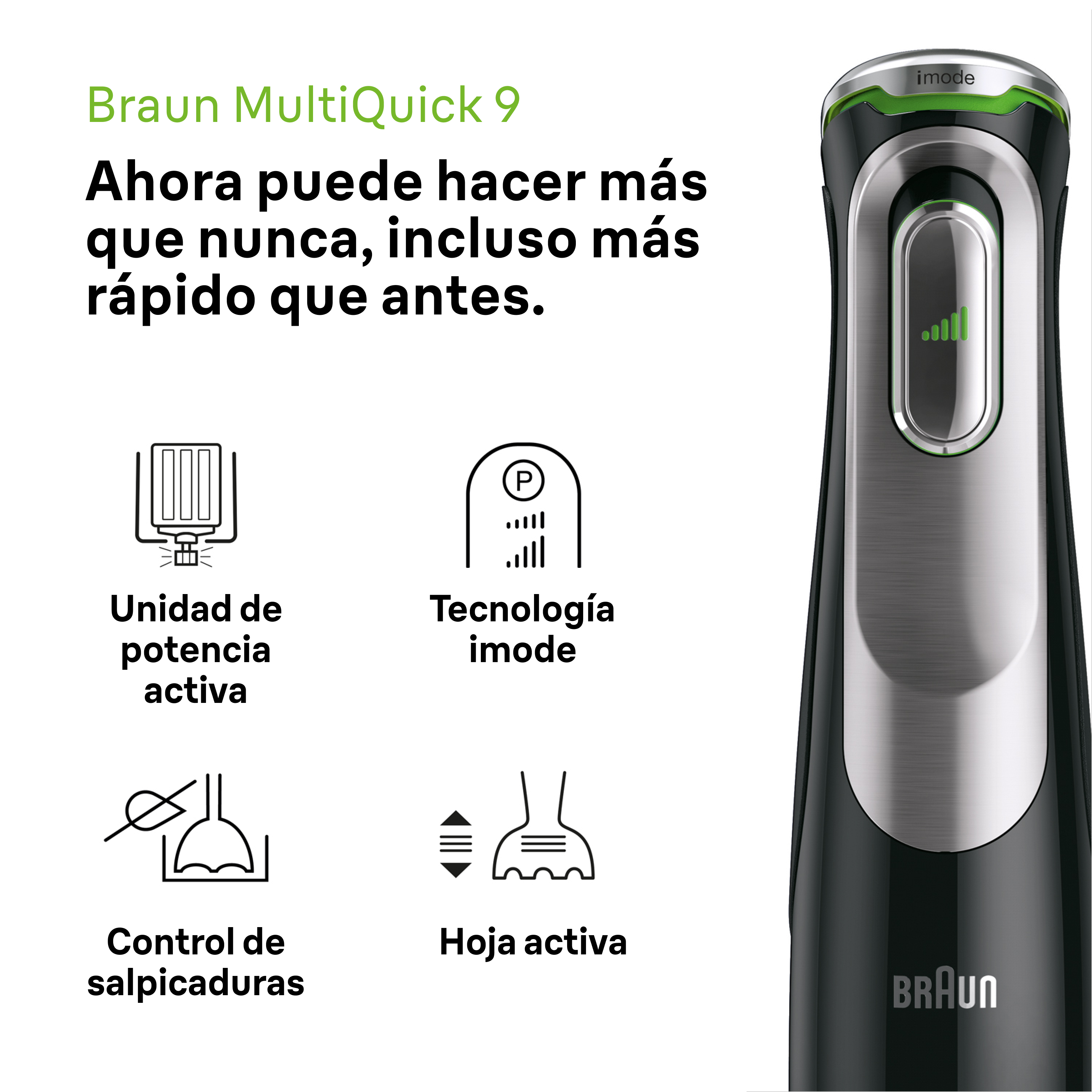 Braun MultiQuick 9. Batidora de mano con texto. Iconos de potencia, imode y control de salpicaduras.