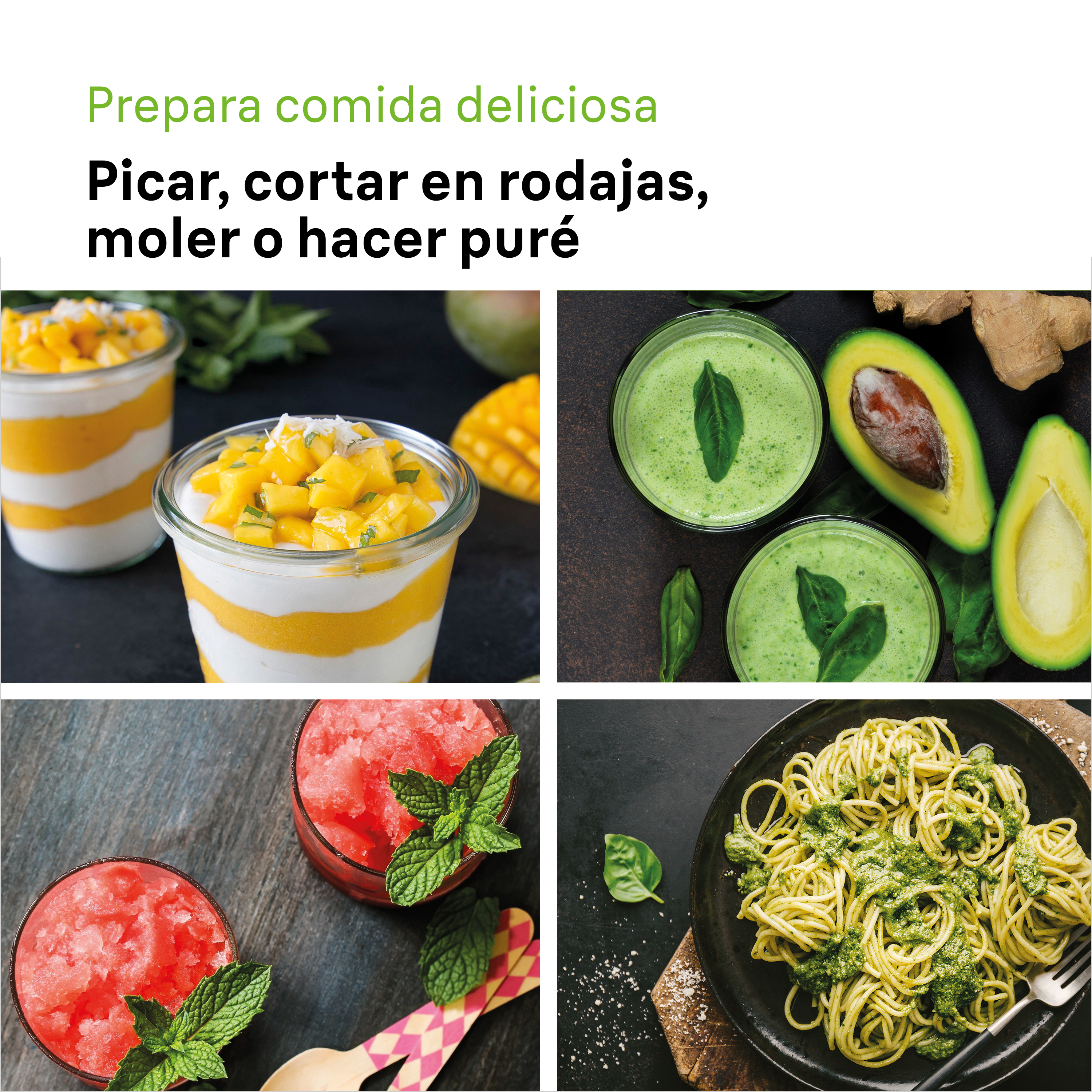 Un collage de imágenes de comida colorida: parfaits de mango, batidos verdes y pasta.