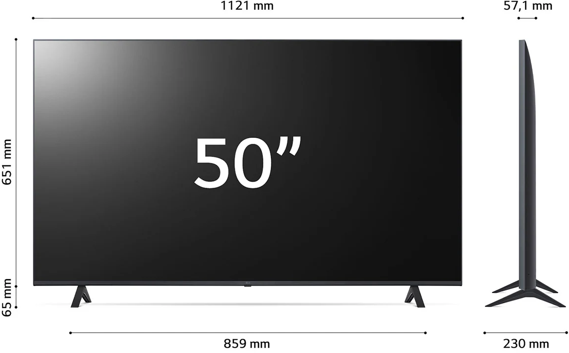 Egy fekete 50 hüvelykes TV állvánnyal, a méretek és a mérések a képen láthatók.
