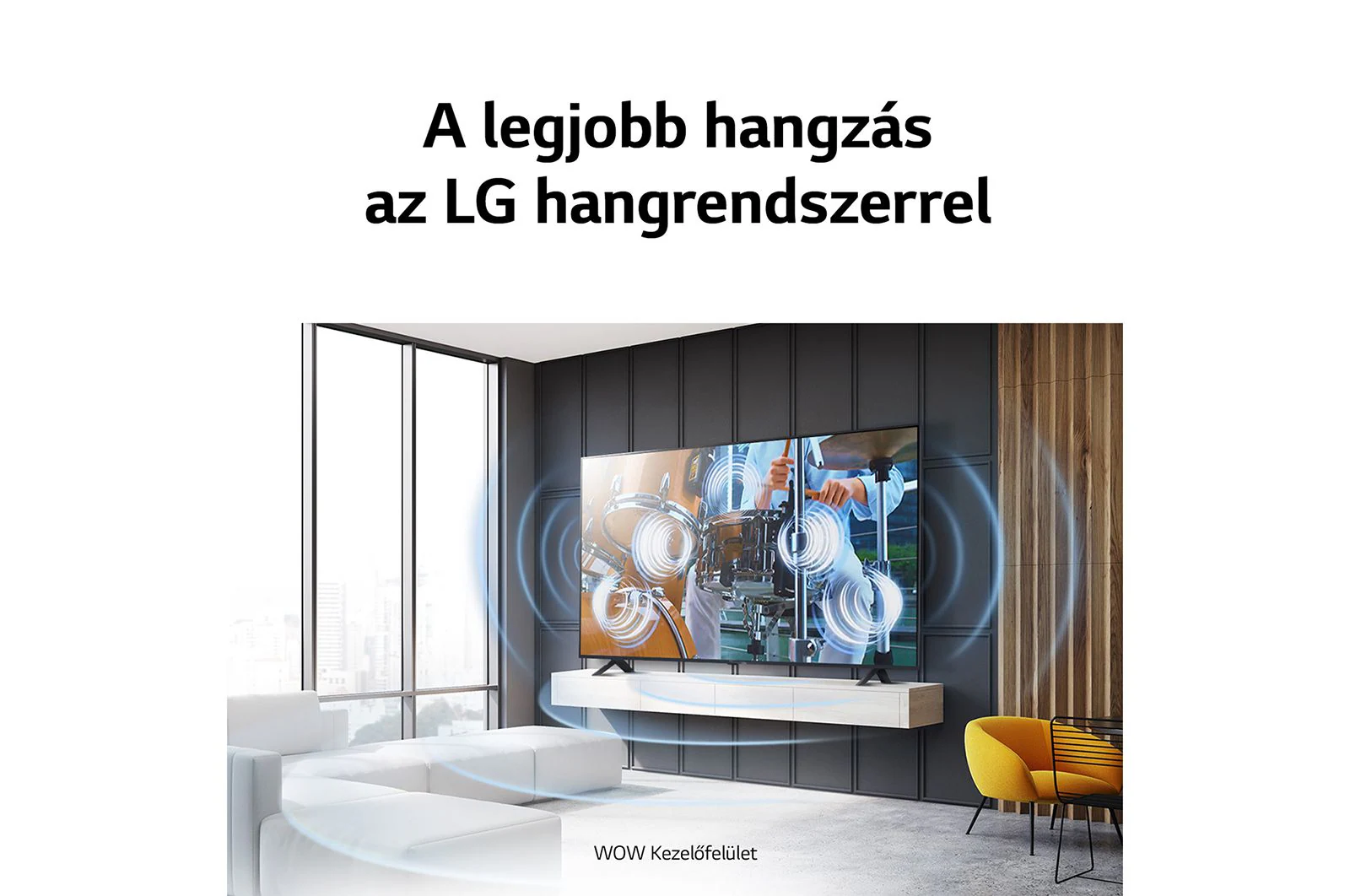 Modern nappali TV-vel és a TV-ből a néző felé áramló hanghullámokkal.