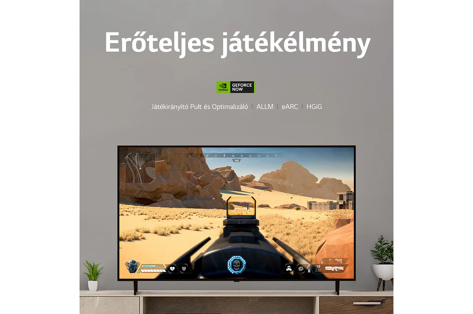 TV-képernyővel egy játékkal. Szöveg: Erőteljes játék, GeForce NOW és egyéb funkciók.