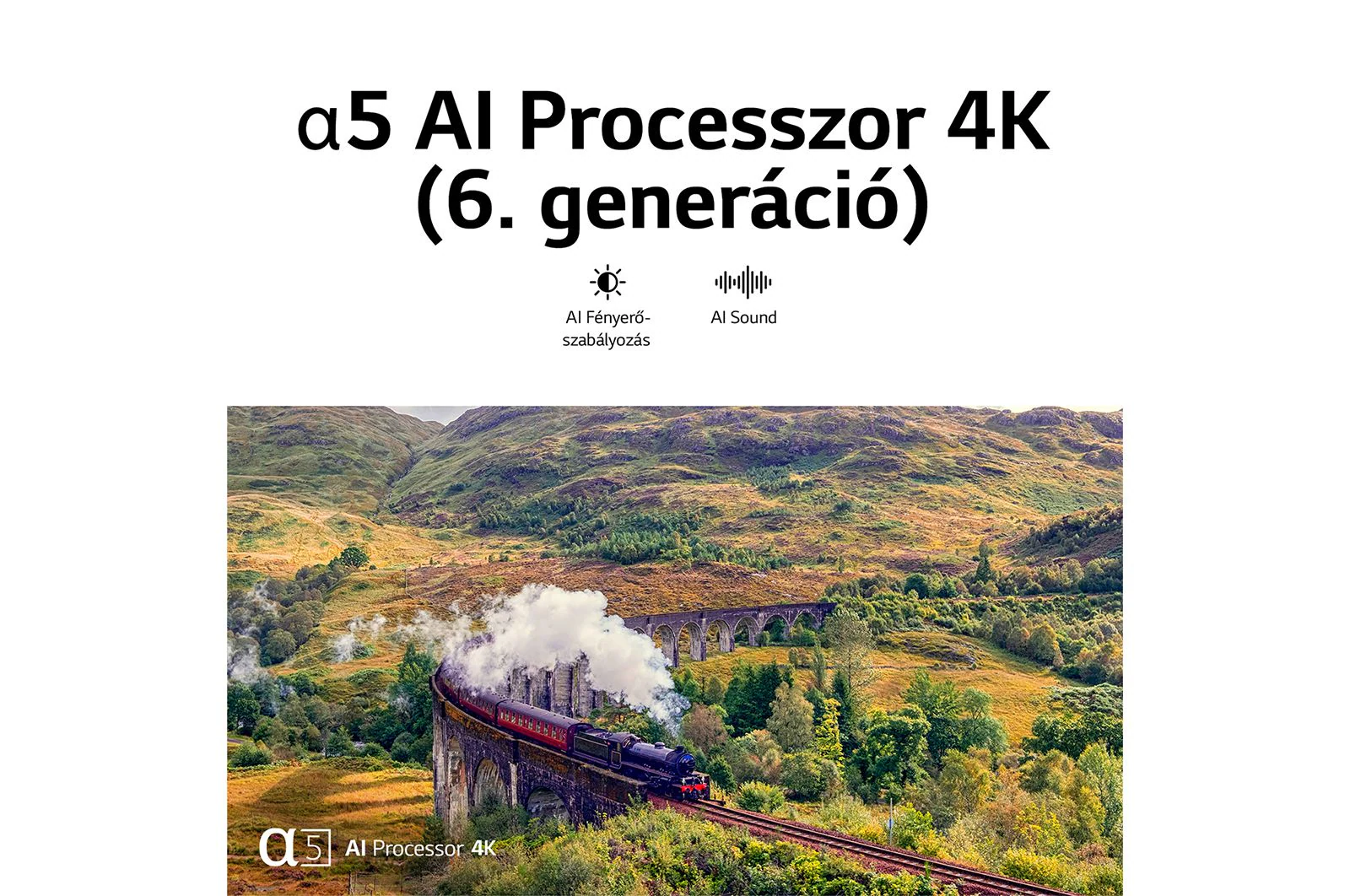 Egy festői kilátás egy vonatról egy hídon, a mesterséges intelligencia processzoráról szóló szöveggel.