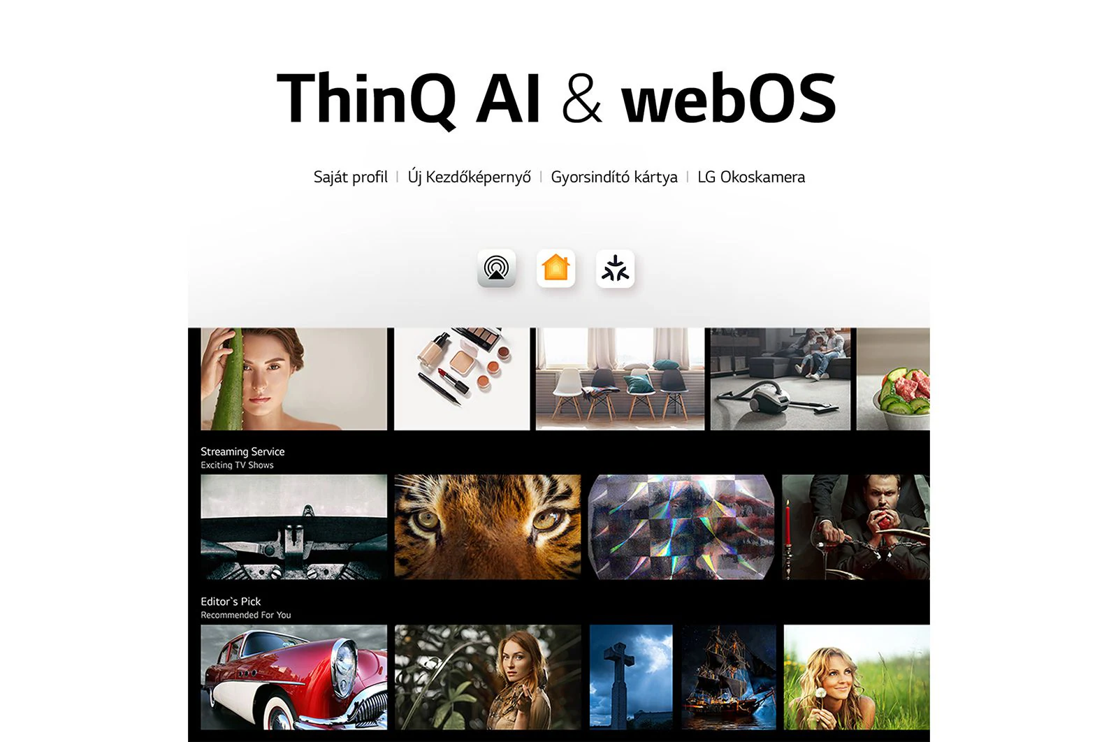 LG ThinQ AI & webOS felület alkalmazásikonokkal és mintaképekkel.