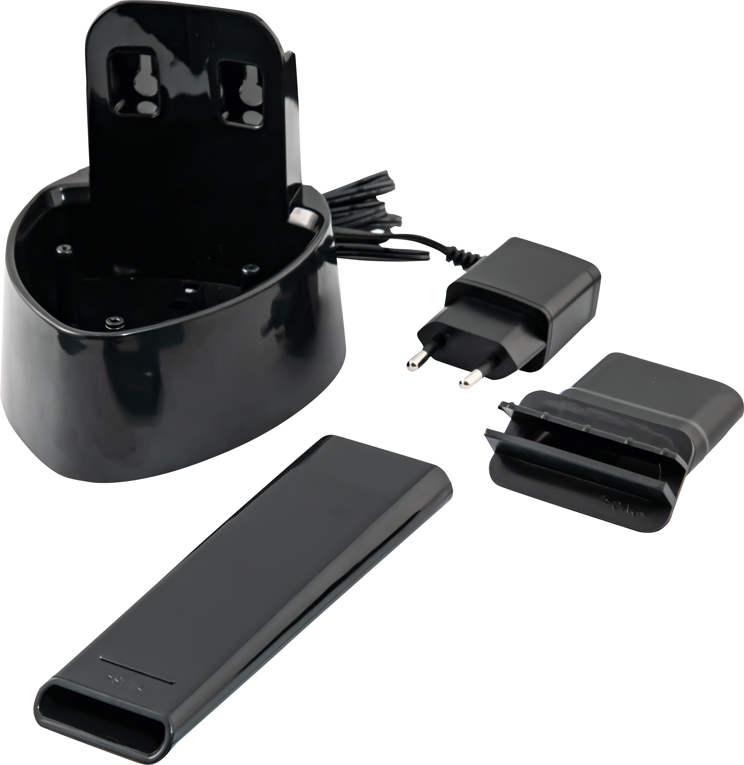Station de charge noire avec divers composants, dont un adaptateur et une tête de charge.