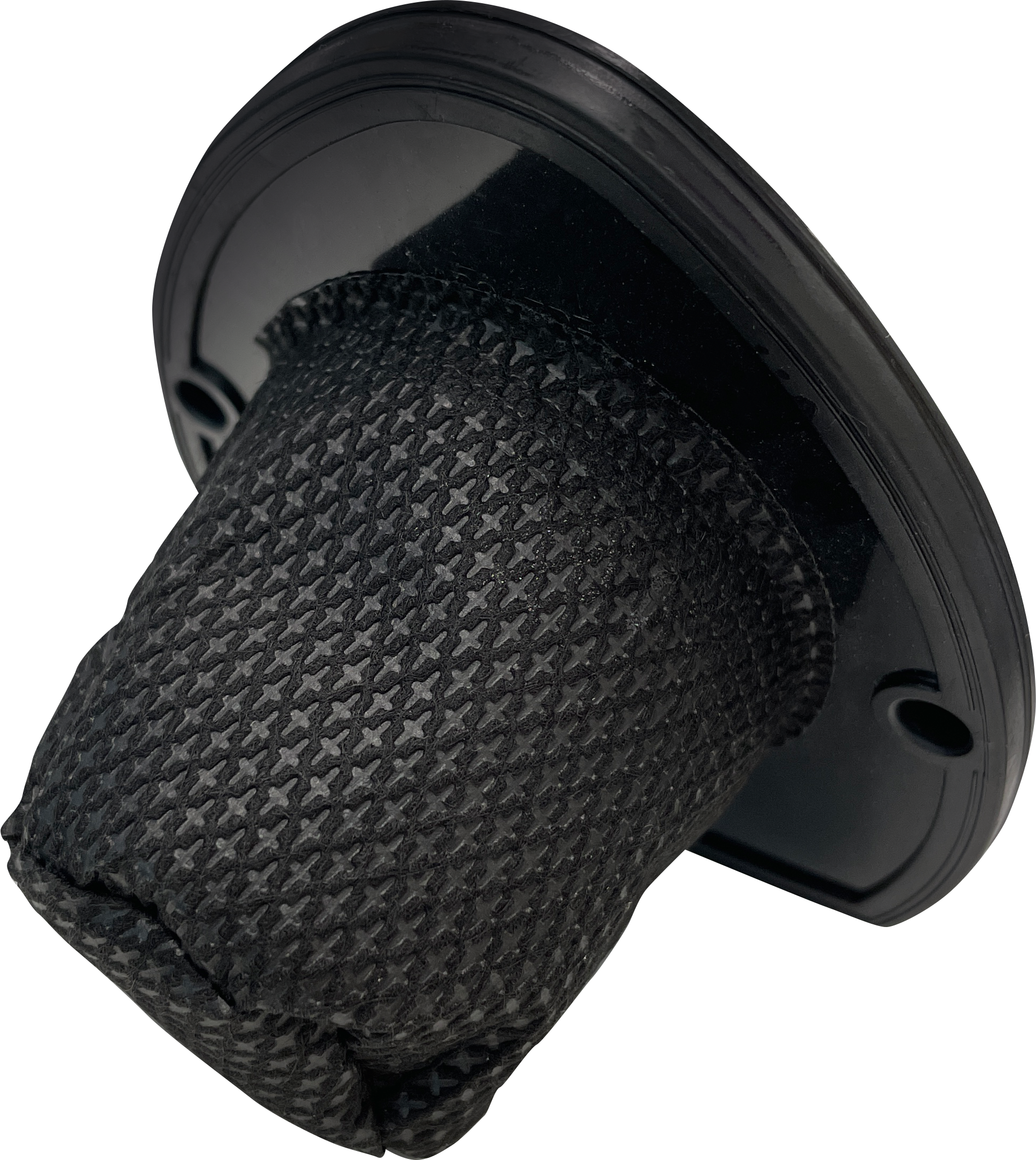 Un filtre d'aspirateur noir, en mesh. Le filtre est posé sur une base en plastique noir.