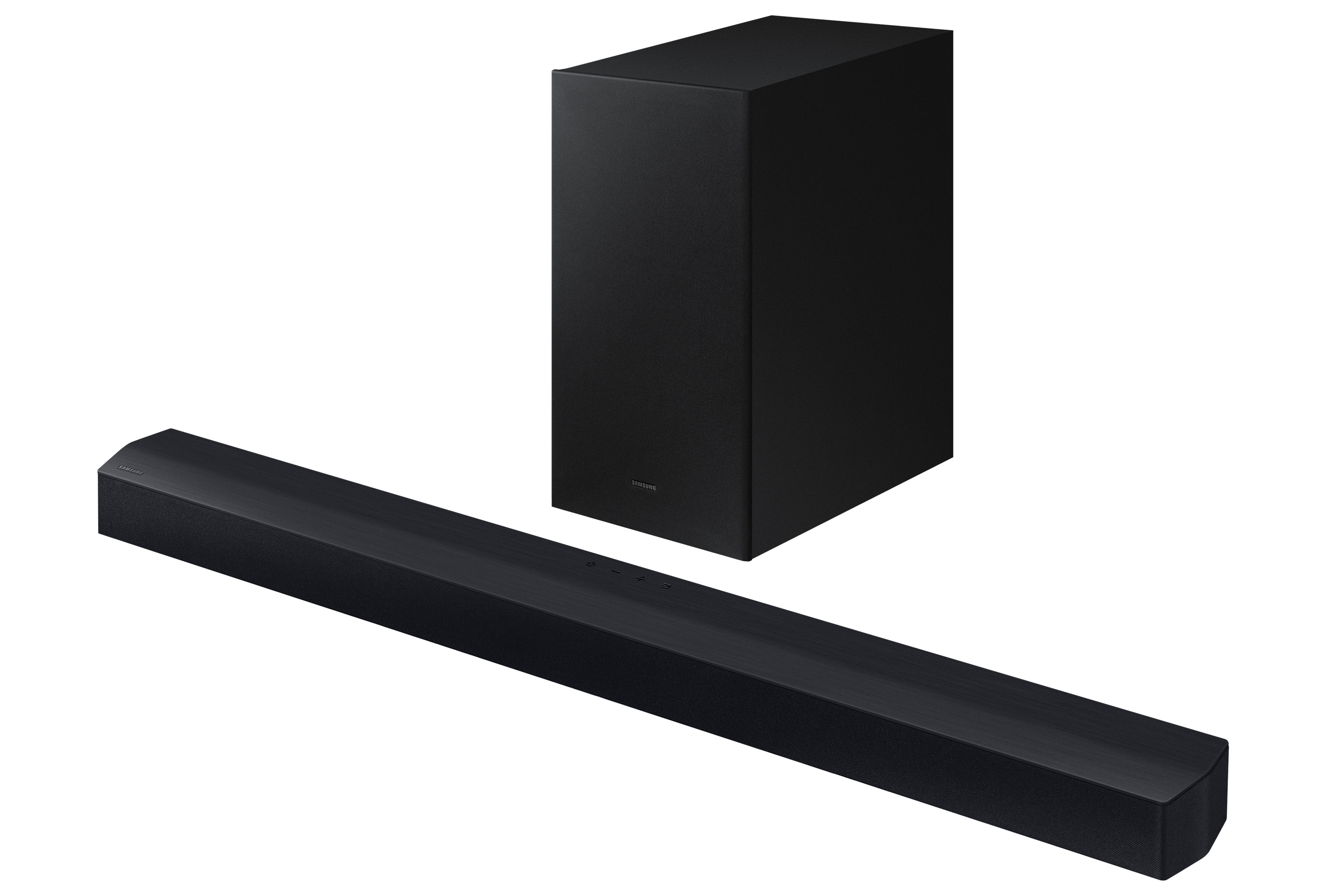 Schwarzes Soundbar- und Subwoofer-Set auf schwarzem Hintergrund. Samsung-Logo auf der Soundbar.