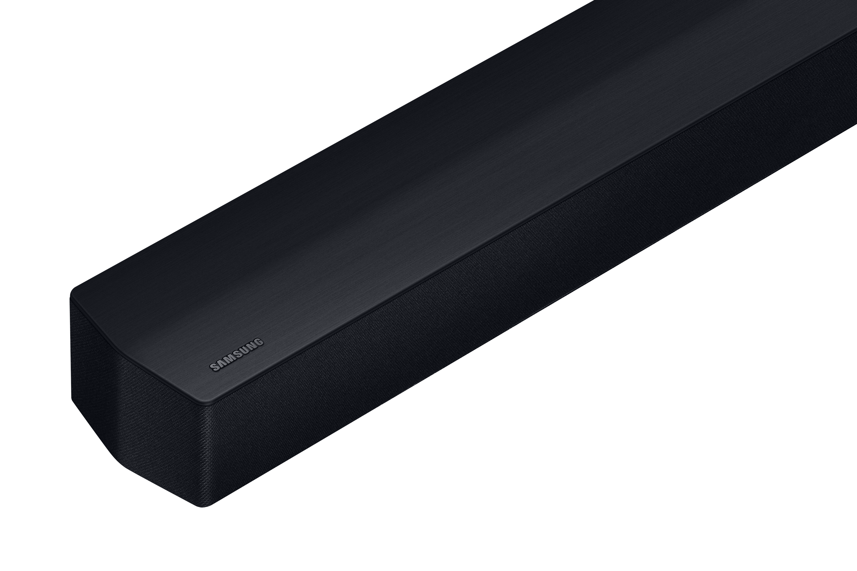 Eine schwarze Soundbar mit dem Samsung-Logo auf schwarzem Hintergrund.