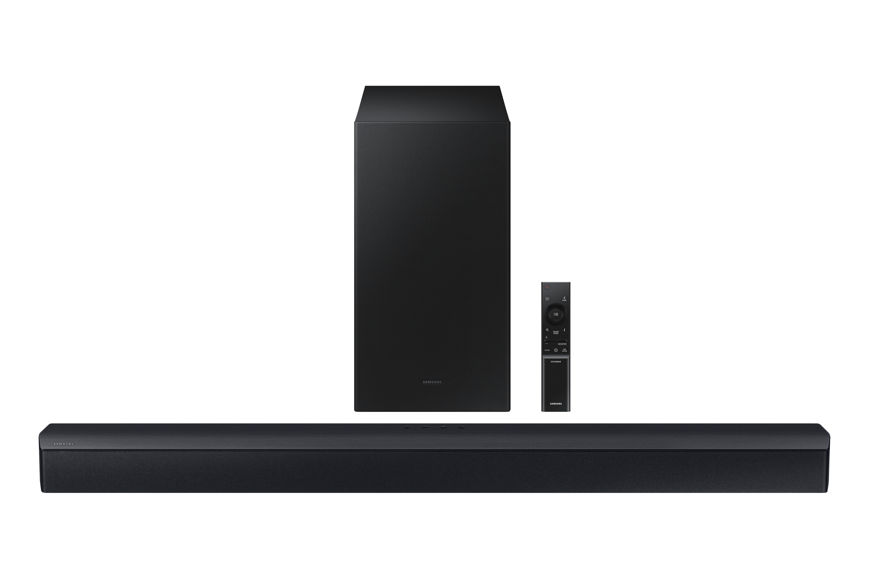 Schwarze Soundbar, Subwoofer und Fernbedienung auf schwarzem Hintergrund. System für Heimkino.