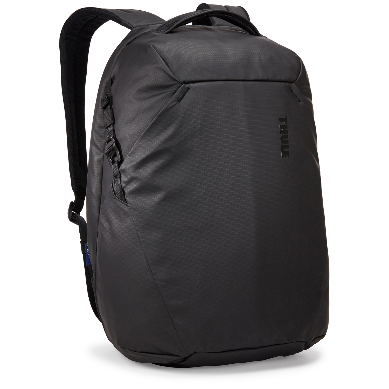 Black Thule backpack with a sleek design, featuring a single shoulder strap in view.