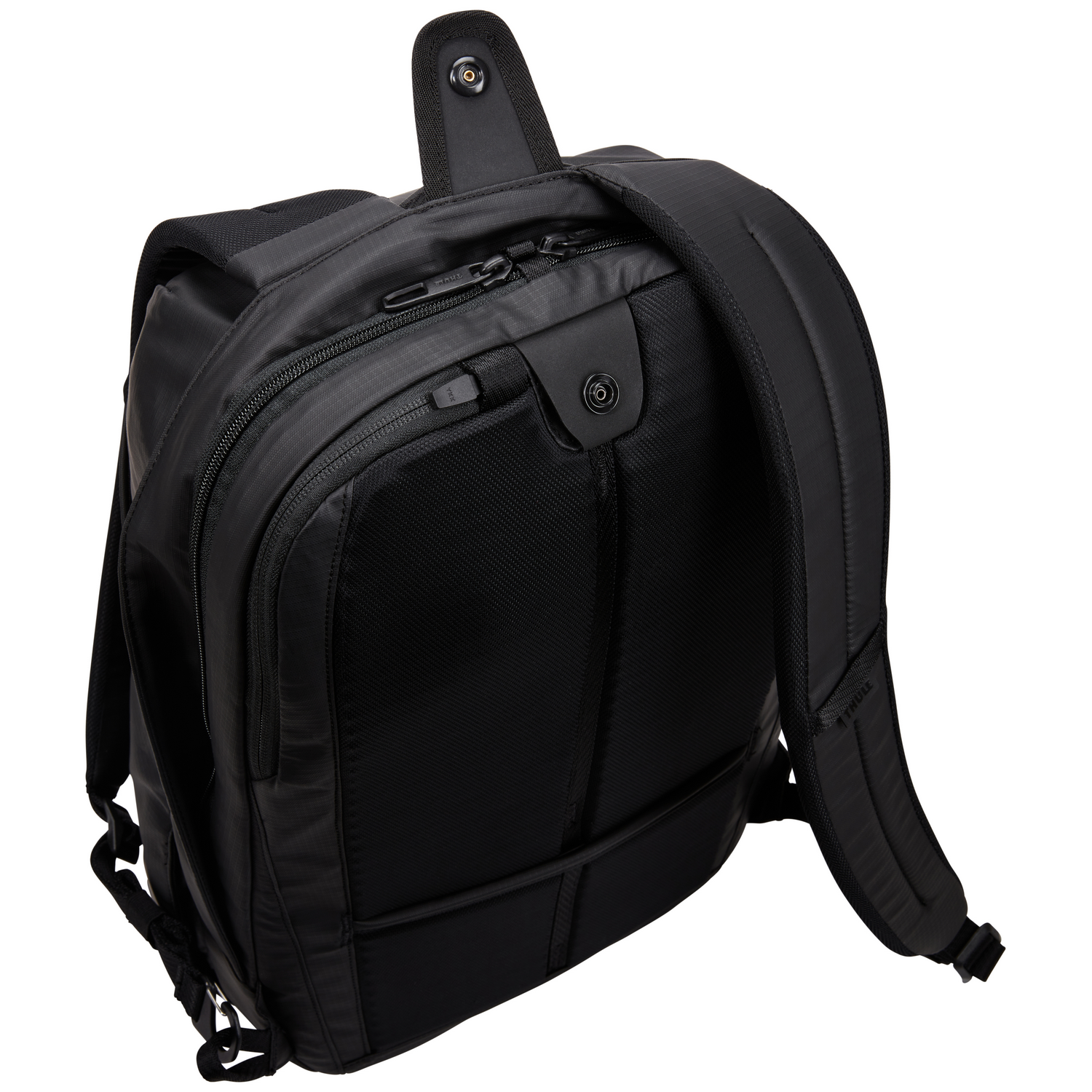 Black backpack with multiple compartments and straps, angled view.