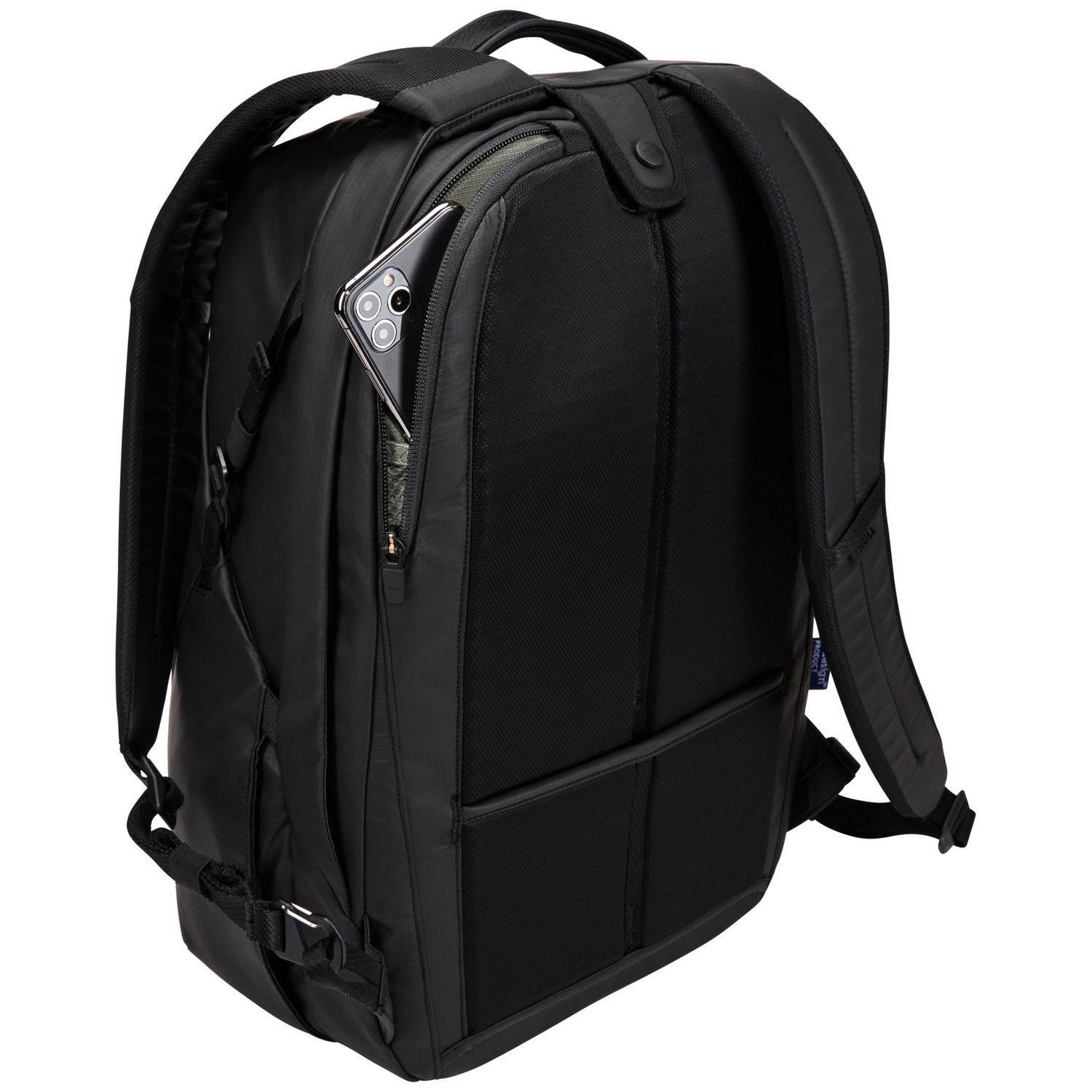 Black backpack with a phone in the back pocket, on a white background.