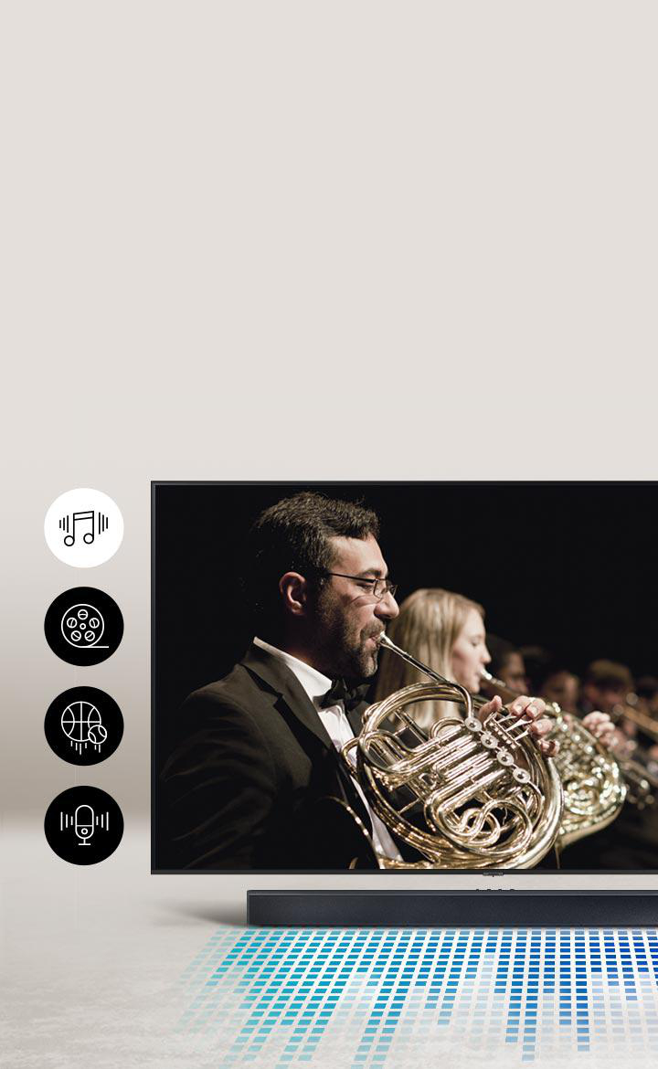Ein Fernsehbildschirm mit Musikern, die Instrumente spielen, mit Audiosymbolen und einer Soundbar darunter.