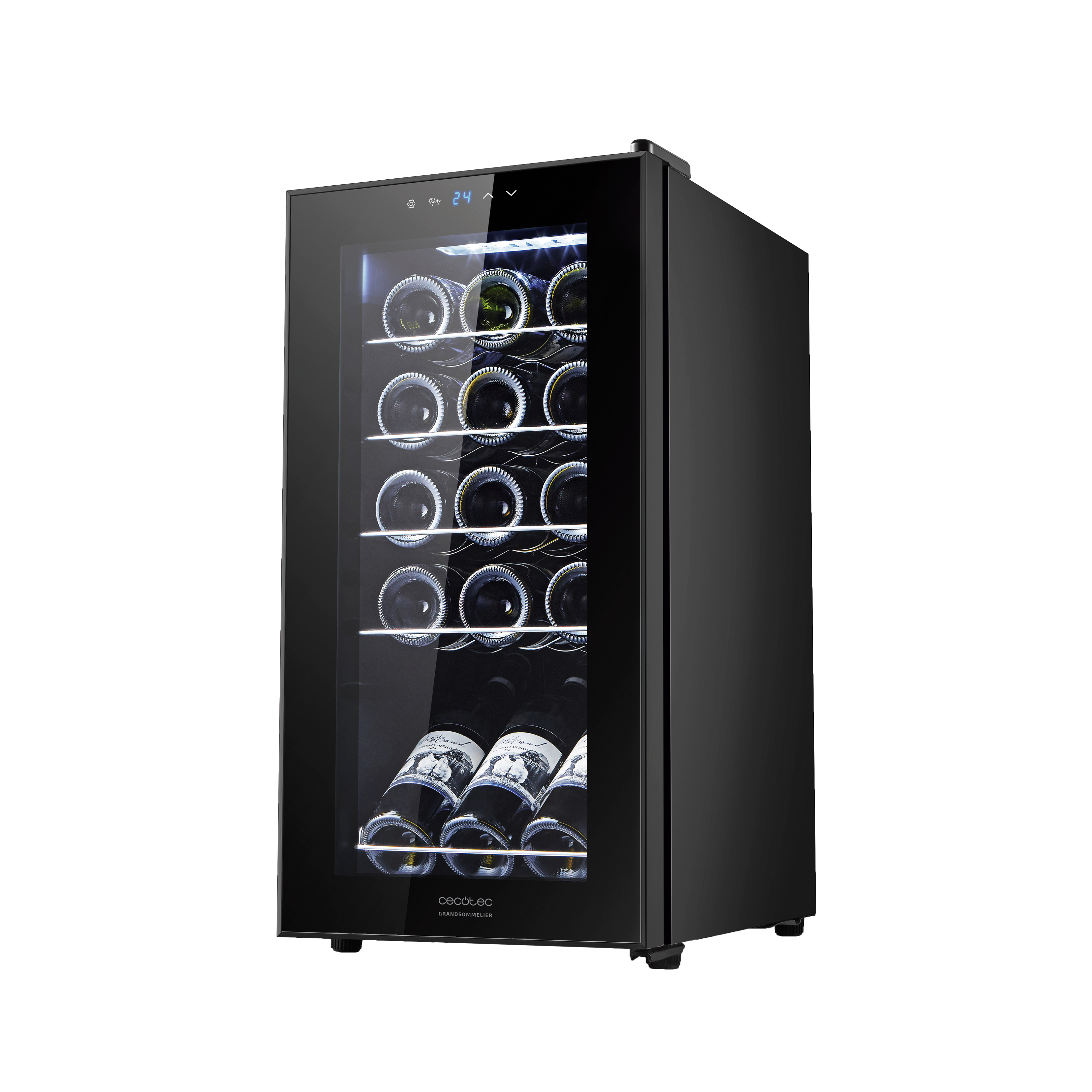 Una vinoteca negra con puerta de cristal, que muestra botellas de vino. Fondo negro.