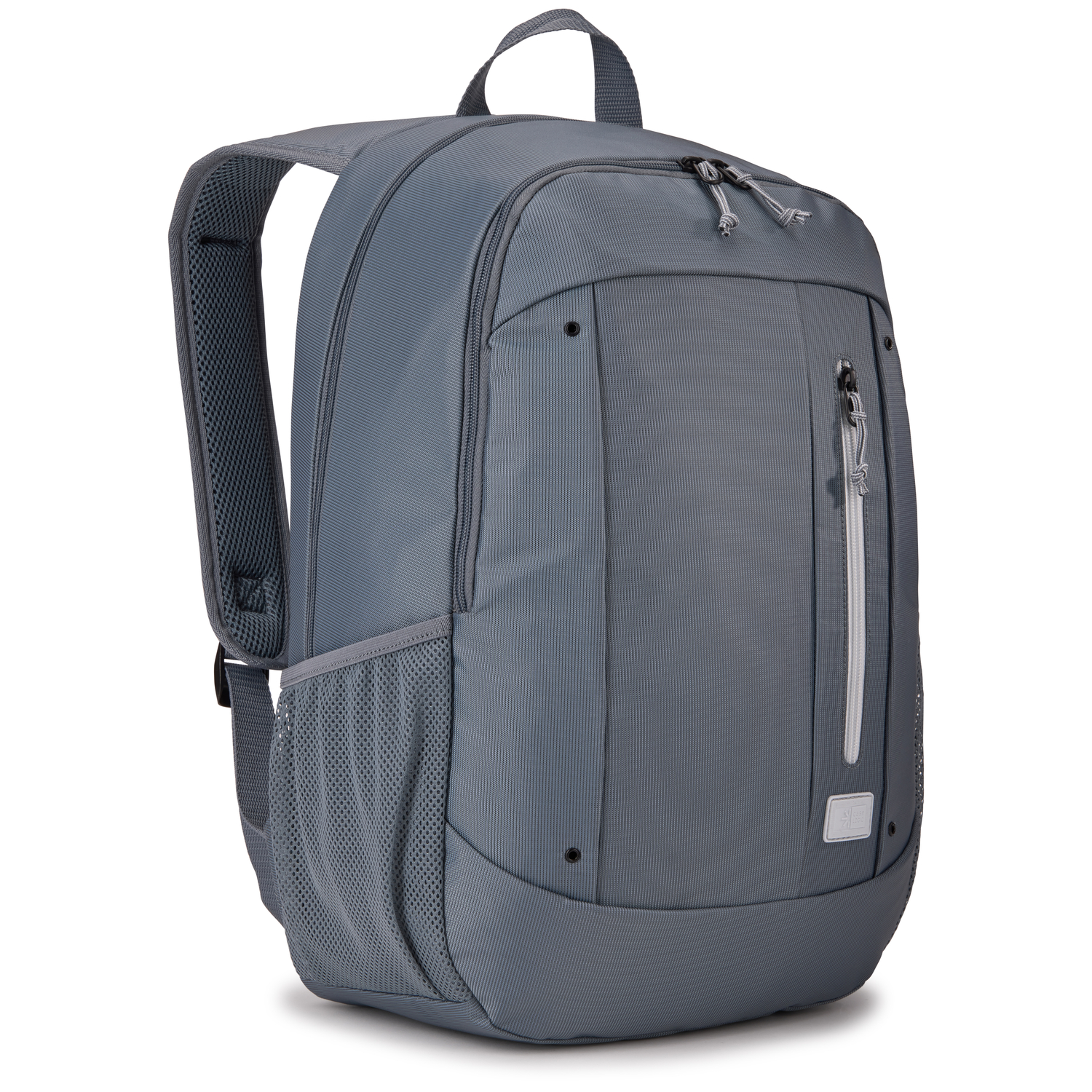 Gray backpack with multiple compartments and a side mesh pocket, on a white surface.