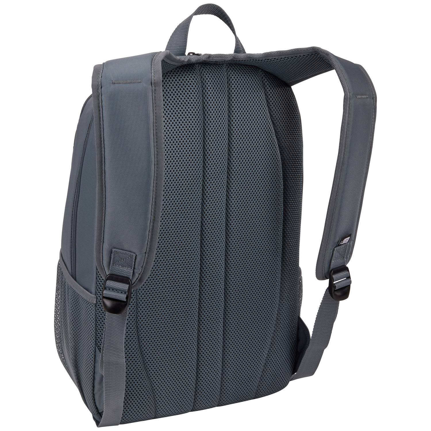 Gray backpack with mesh back and straps, angled view, featuring a handle and buckles.