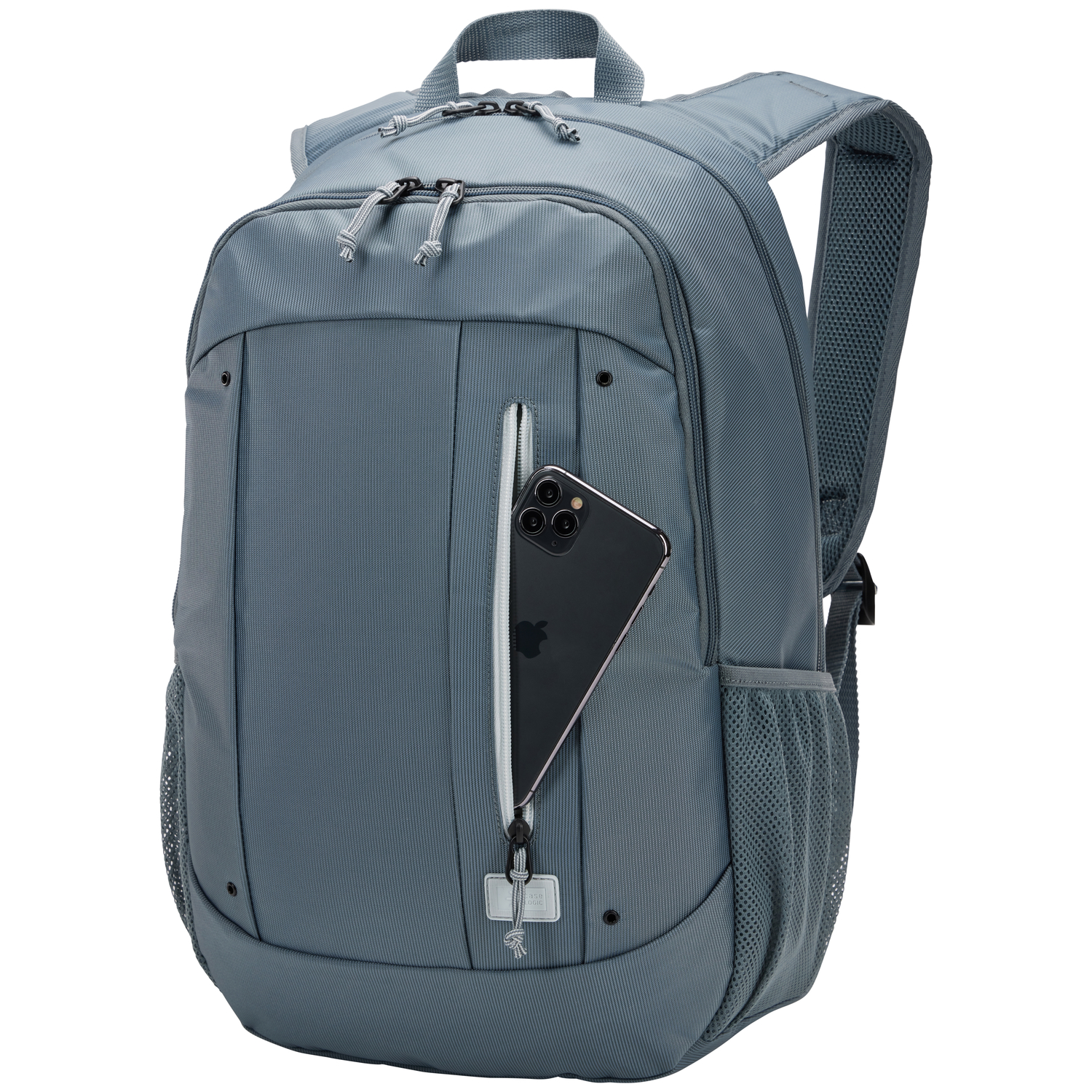 Gray backpack with a smartphone in the front pocket. The backpack has zippers.