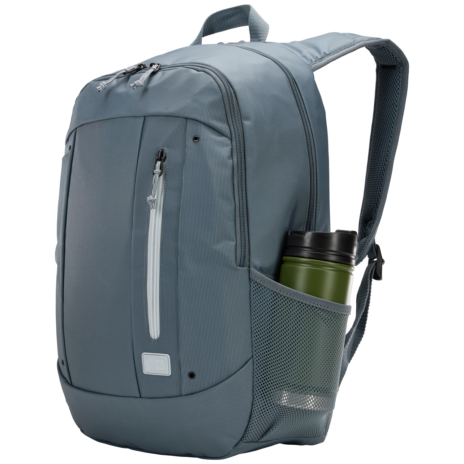 A grey backpack with a green water bottle in side pocket. White background.
