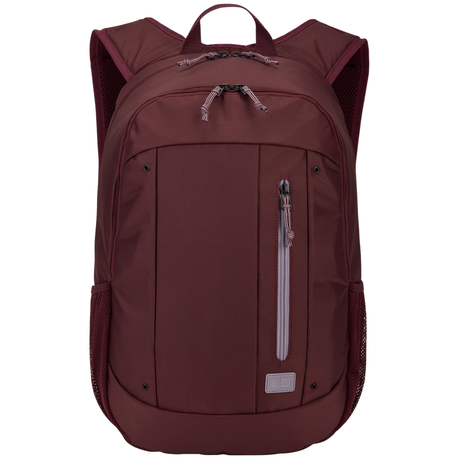 Maroon backpack with mesh side pockets and a vertical zipper.