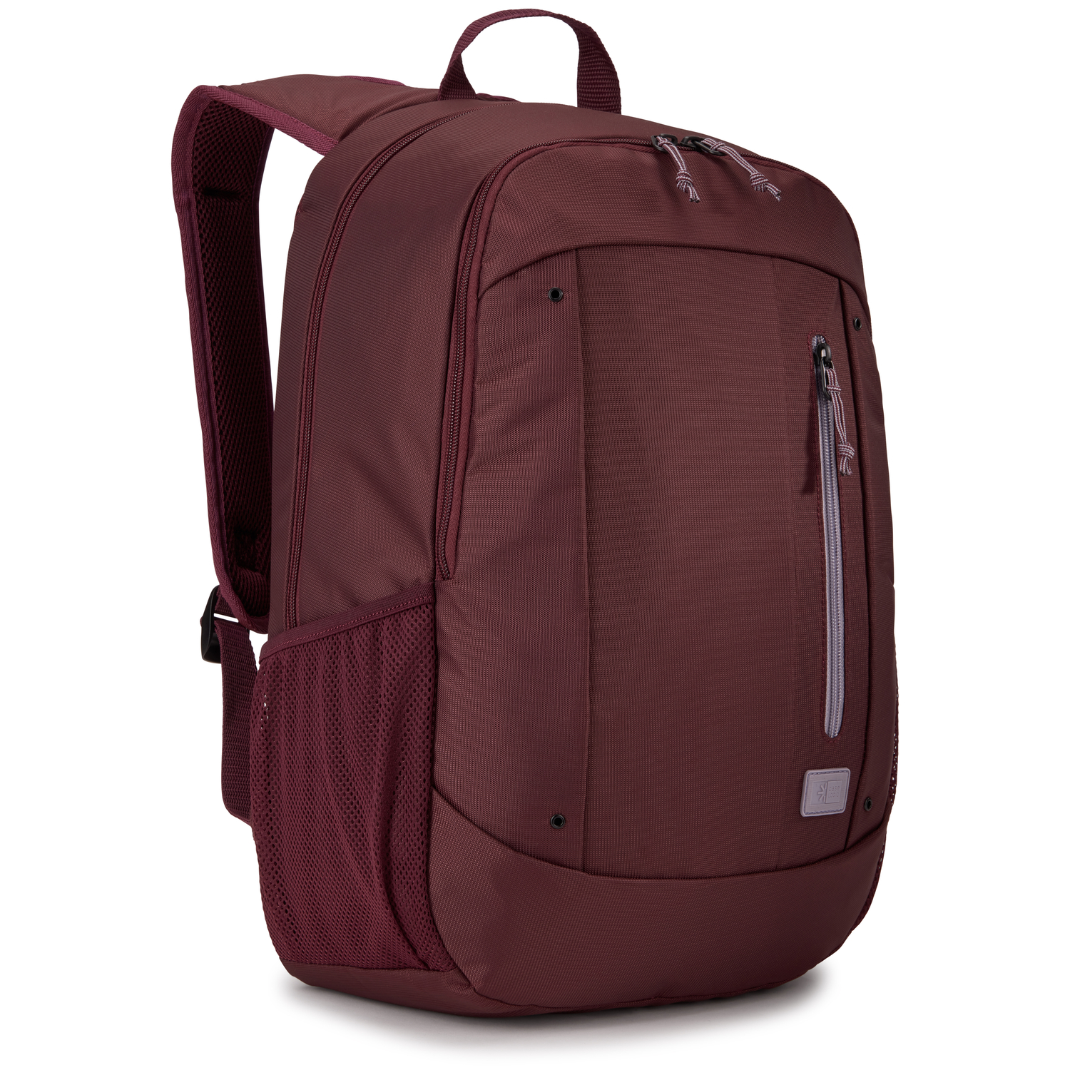 Maroon backpack with multiple compartments and mesh side pocket, white background.