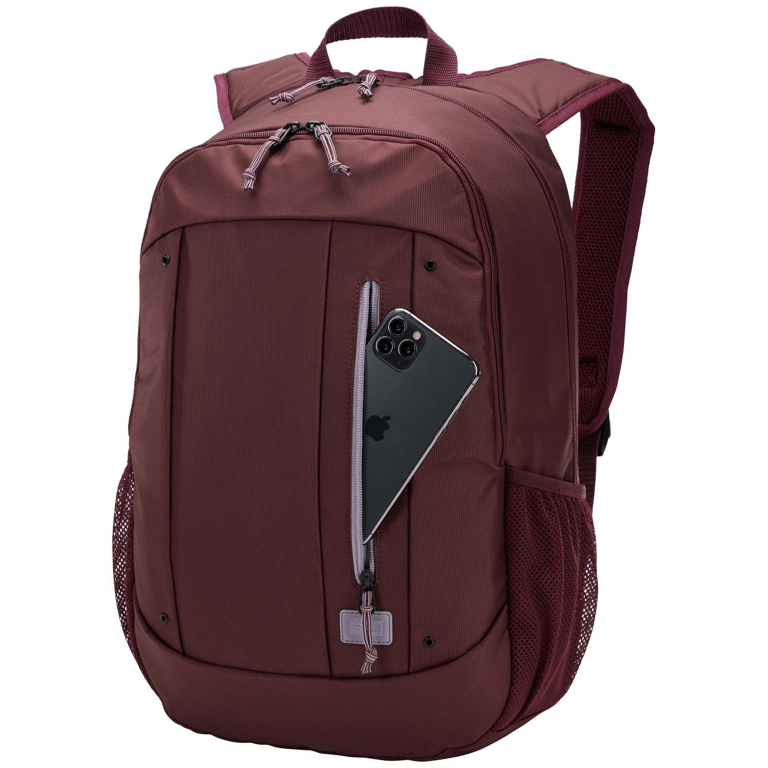 Burgundy backpack with a black phone in the front pocket. The backpack is on a white background.