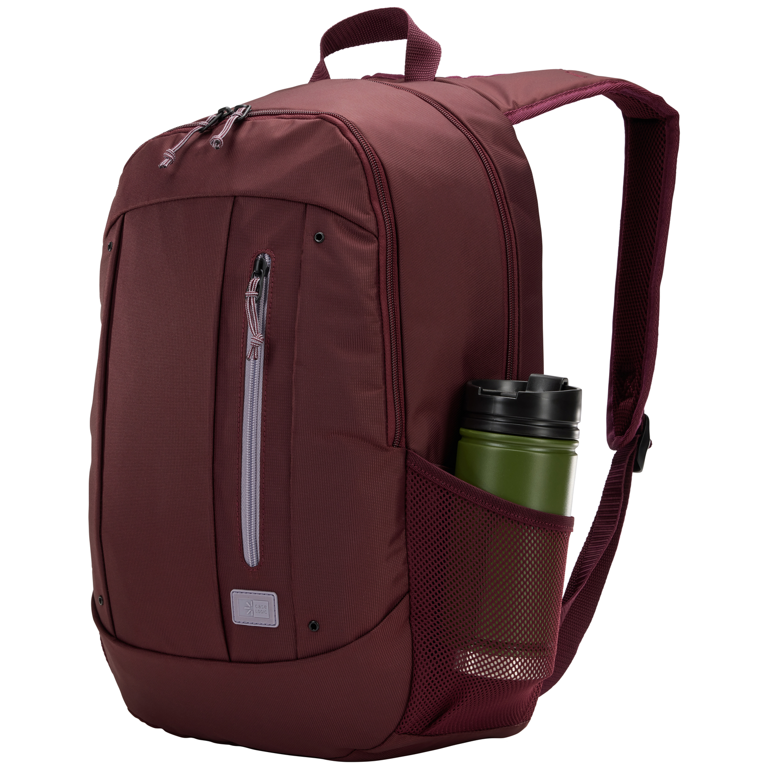 Maroon backpack with a water bottle in the side pocket. Zippered front pocket is visible.