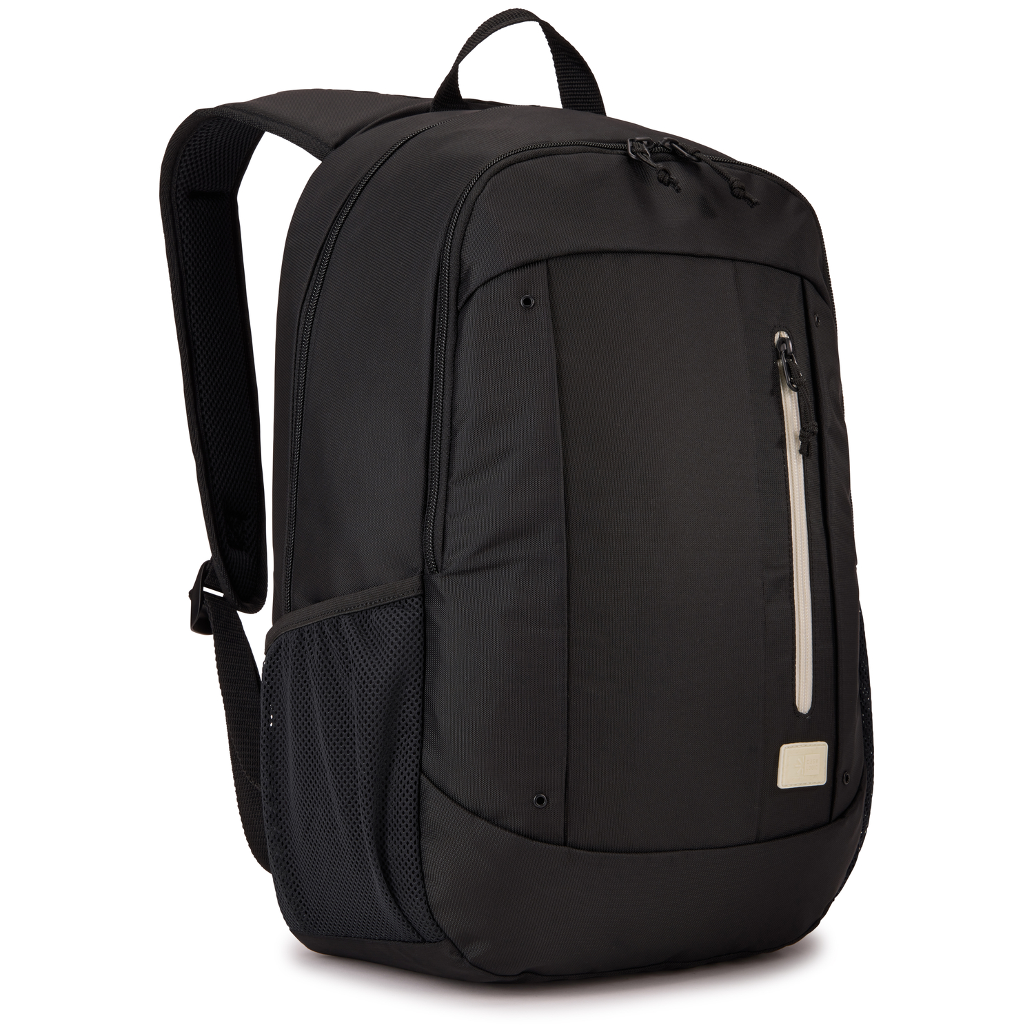 Black backpack with a front pocket and side mesh pocket.
