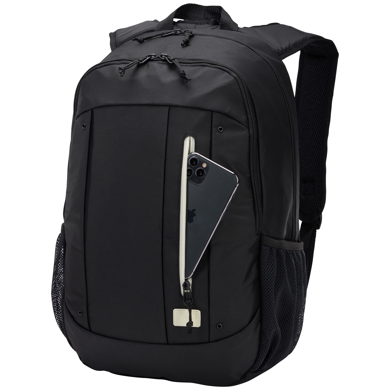 A black backpack with a phone in the front pocket and a mesh side pocket.